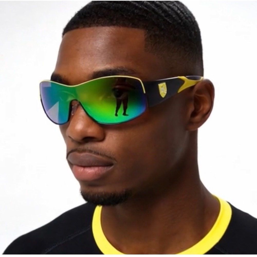 Men Black Yellow Wrap Sunglasses Green Mirror Shield Racing Sport Fishing Shades